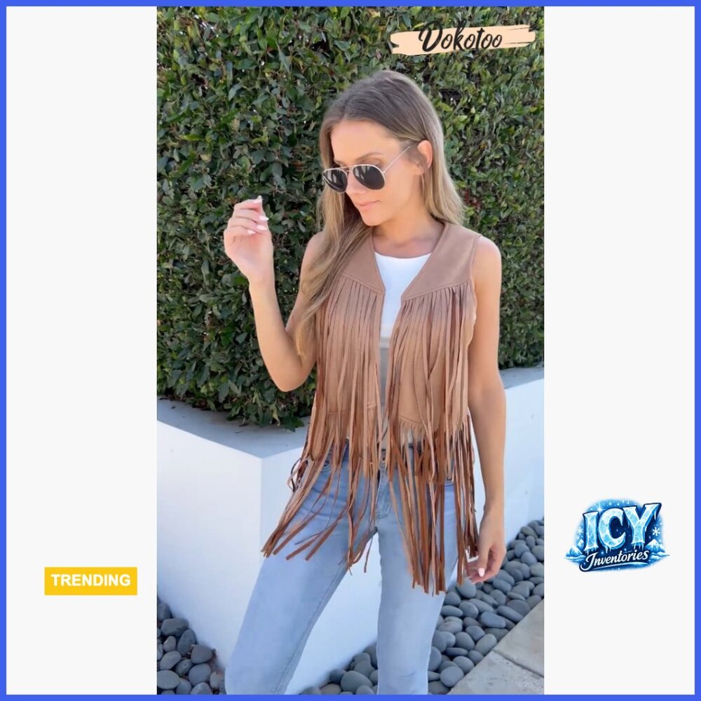 Faux Suede Fringe Vest Western Cowgirl Outerwear Sleeveless - Picture 7 of 7